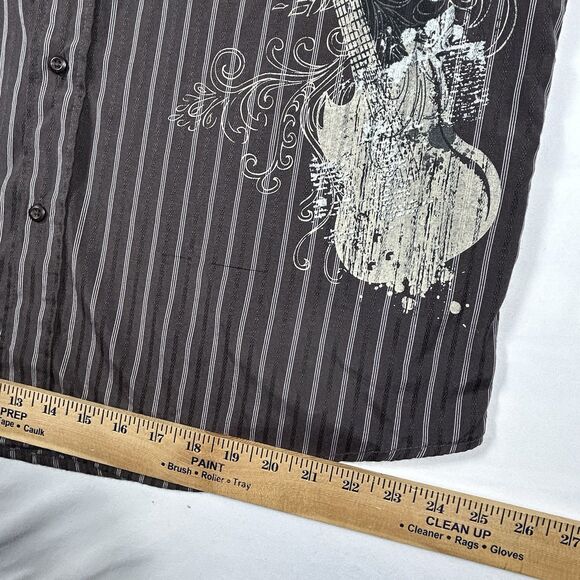 Machine Graphic Long Sleeve Button Down Men's XL Brown Shirt Guitar Skull Print - Picture 6 of 8